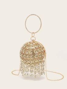 Mini Rhinestone Tassel Handheld Spherical Evening Bag - Gold - View 6