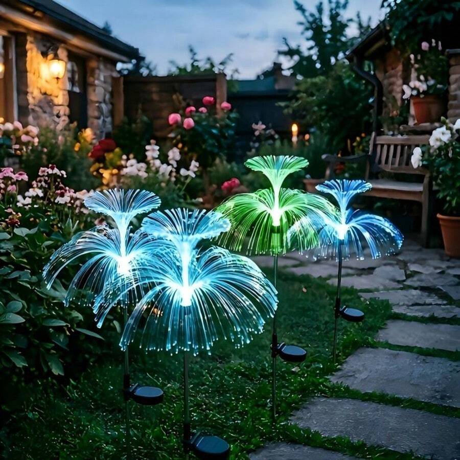 RGB Color Changing Solar Fiber Optic Jellyfish Lights, Dusk‑To‑Dawn Auto Activation, Waterproof Ground Stake Light For Garden Yard Decoration
