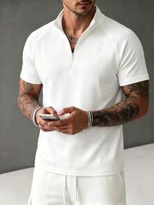 Men's Summer Fashion Raglan Sleeve Zipper Collar Short Sleeve T-Shirt, Suitable For Sports, Fitness And Daily Wear - White - View 4