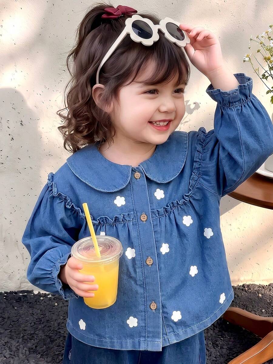 1pc Girls Toddler Sweet Cute Ruffle Trim Pleated Design Peter Pan Collar Denim Jacket Daily Fashion Outfit - Medium Wash - View 1