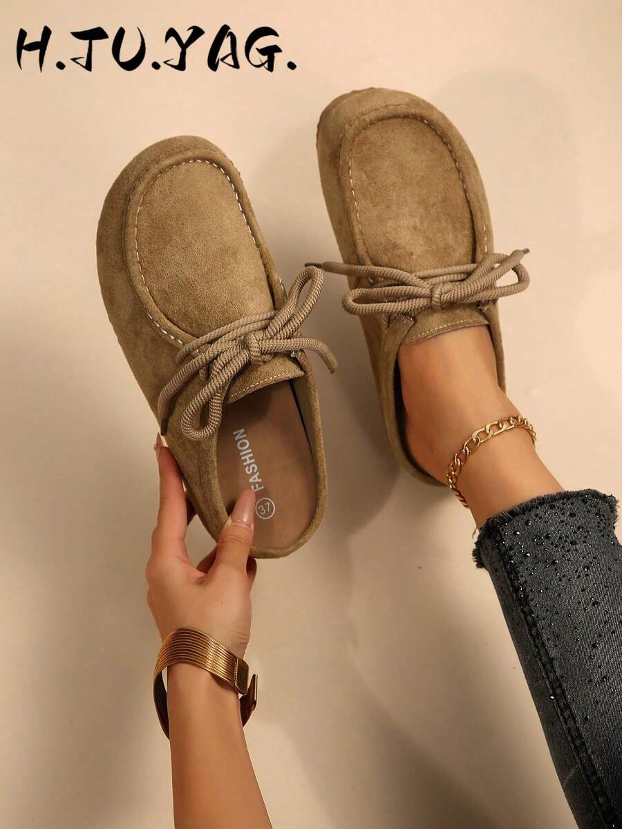 Women's Casual Daily Closed-Toe, Spring/Autumn Flat Soft-Sole Non-Slip Half-Slip Mule Slippers For Commuting And Outdoor Wear, Loafers, Flat - Khaki - View 1