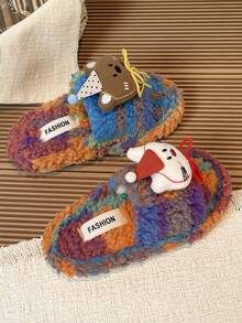 1 Pair Colorful Fuzzy Slippers Suitable For Boys And Girls, Indoor And Outdoor Casual Wear In Autumn And Winter - Orange - View 5