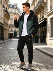 1 Set Men's Spring/Autumn Fashion Colorblock Sports Outfit, Hooded Zip-Up Jacket + Cuffed Joggers, Suitable For Daily Fitness, Running, Commuting Casual Wear - Black - View 3