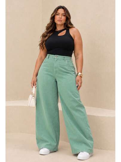 BNB Calça Wide Leg Plus Size Pantalona Cintura Alta  Feminina Premium Casual Chic Modela o Corpo Levanta Bumbum 100% Algodão