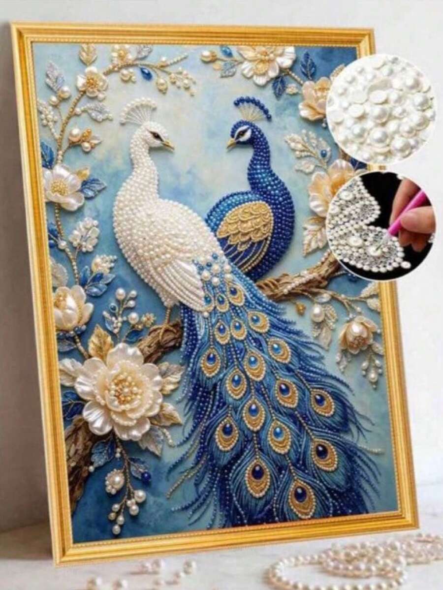 Pearl Peacock Frameless DIY Handmade Rhinestone Creative Diamond Painting Kit, Suitable For Bedroom Decor, Living Room Wall Art, Room Decoration, Artwork, Gift For Friends - A - View 1