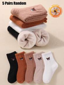 20/10/5 Pairs Children's Short Socks, Bear Pattern, Terry Socks, Brown Color Palette, Kids Fall Socks, Warm Mid-Calf Socks, Halloween Costume For Girl - Multicolor - View 10