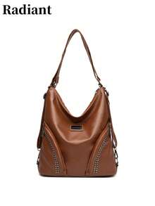 Women's Bohemian Style Large Shoulder Bag, Solid Color Faux Leather, Studs Decoration, Multiple Pockets, Large Capacity, Vintage Style, Suitable For Daily Outings And Outdoor Use - Brown - View 10