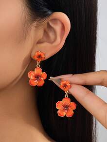 1 Pair Fashion Shiny Metal Large Hoop Earrings, Gold Hand-Painted Oil Drip Niche Pendant Earrings, Women's Casual Holiday Festival New Jewelry - Burnt Orange - View 2