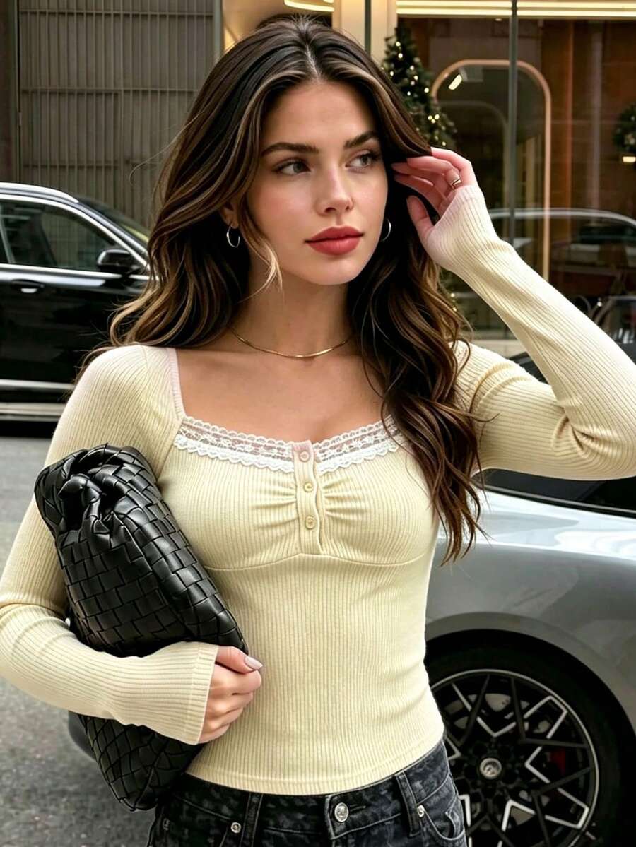 Women Fall Summer Yellow Square Neck Long Sleeve Top Lace Trim Button Ribbed Knit Slim Fit Y2K Casual Sweet Back To School Street Home Daily Wear Tee - Yellow - View 1