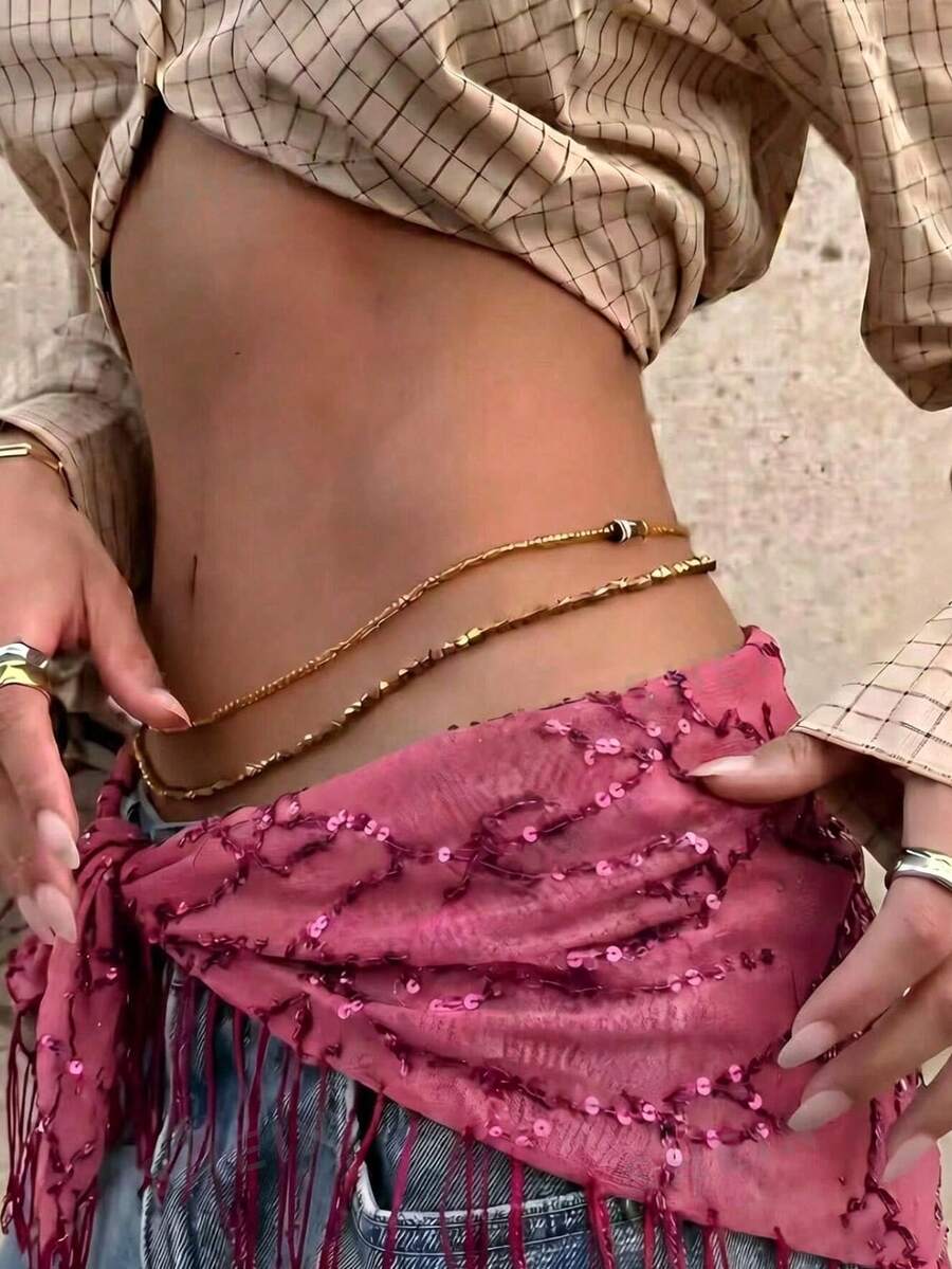 1pc New Jazz Dance Street Dance Waist Chain Hip Scarf Accessory, Sequin Triangle Scarf Tassel Waist Belt, Multi-Functional Waist Wrap - Hot Pink - View 1
