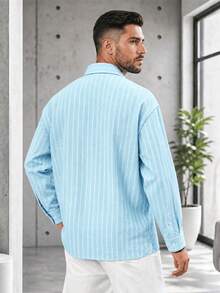 Men's Long Sleeve Striped Shirt, Casual Fashion Design, Spring/Autumn Daily Wear - Baby Blue - View 4