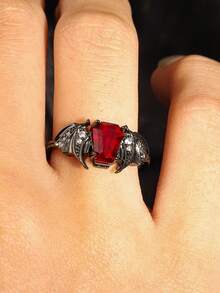 1pc Gothic Style Red Cubic Zirconia Open Ring, Bat Design Dark Style, Unisex, Suitable For Halloween, Easter, Can Be Paired With Gothic Style Clothing - Black - View 3