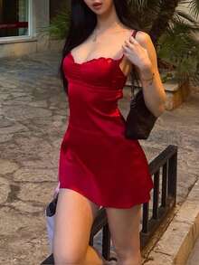 Top Dazzle Women's Elegant Red Short Spaghetti Strap Dress, Ruffle Collar Design, Smooth Satin Fabric, Suitable For Personalized Occasions - Red - View 2