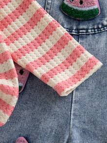 Autumn/Winter Baby Girl Pink & White Striped Bubble Texture Long Sleeve Inner Shirt & 3D Towel Embroidery Watermelon & Washed Denim Wide Leg Overalls 2 Pieces Set - Pink - View 9