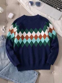 Boys' College Style Contrast Color Plaid Knit Pullover Sweater, Long Sleeve, Suitable For School And Casual Wear, Spring, Autumn, Winter - Navy Blue - View 4