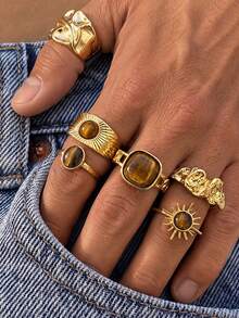 6pcs Fashion Elegant Open Ring Set With Fashion Glasses, Cat Eye And Geometric Pattern, Casual Vintage Old Money Style For Men - Yellow Gold - View 4