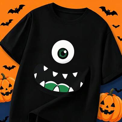 Halloween Kids' T-Shirts & Boys' T-Shirts Halloween One-Eyed Monster Print Casual Short Sleeve Black T-Shirt For Party Daily Wear