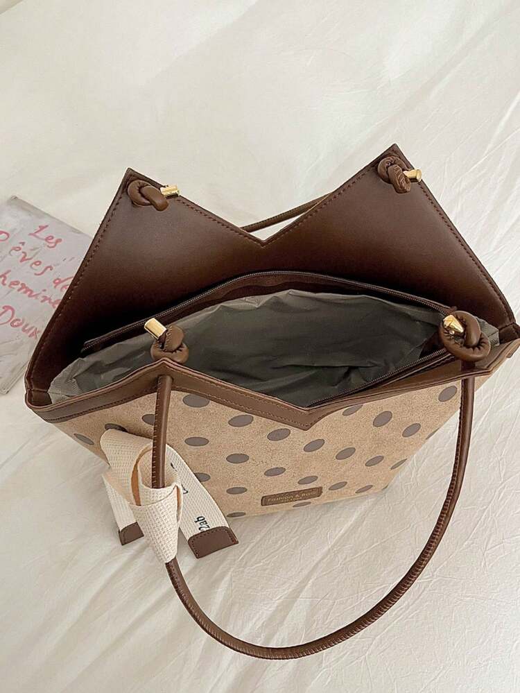 Women's Polka Dot Print Tote Bag With Woven Strap, Ribbon Fabric Label, Contrast Color Trim, Extended Hand Carry & Shoulder Strap, Large Capacity, Zipper Closure, Versatile Everyday Bag For School, Work, Dating, Travel, Shopping, Commuting, Handheld & Shoulder Carry - Khaki - View 7