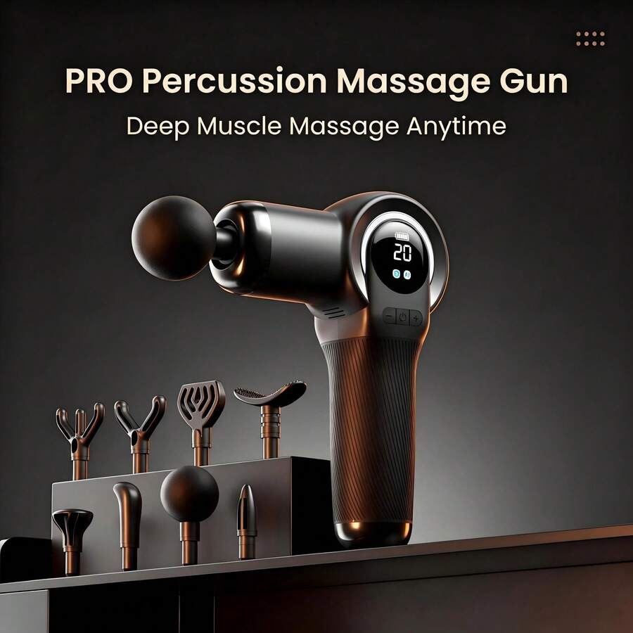 Massage Gun Deep Tissue Percussion Massager LED Display 20 Speed Levels 8 Interchangeable Massage Heads High-Frequency Vibration Portable Muscle Massager Suitable For Home, Gym, Sports And Daily Relaxation
