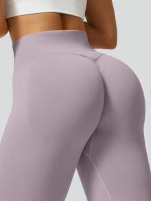 Women's Solid Light Purple Seamless Leggings, High Waist Tummy Control Booty Lift For Yoga Pilates Gym, Sportswear - Lilac Purple - View 5