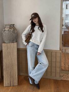 Women's Soft Knitted Pullover Sweater With Contrast Stitching, Long Sleeve Regular Fit For Autumn And Winter Comfort - Apricot - View 5