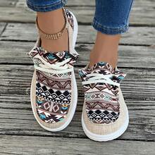 Women's Vintage Western Random Print Canvas Shoes, Spring/Autumn New Style, American Casual Slip-On Slouchy Shoes, Versatile Flat Loafers - Khaki - View 5