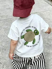 Young Boys Ocean Theme Printed T-Shirt, Cartoon Turtle Patchwork And Round Letter Back Print, Breathable Summer Casual Short Sleeve Shirt - White - View 2