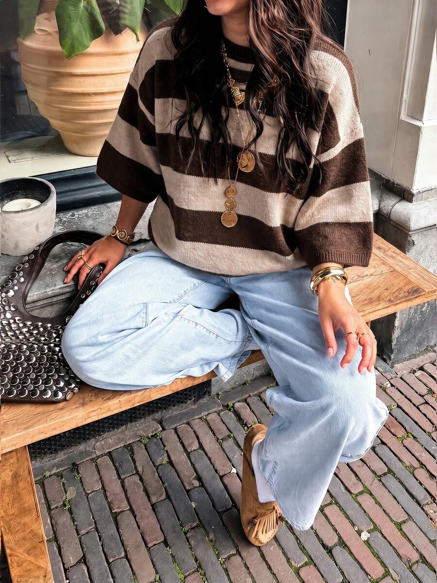女款新款秋季拼色條紋針織上衣,休閒日常通勤,學院風 - 棕色拼米杏色 - 查看 1