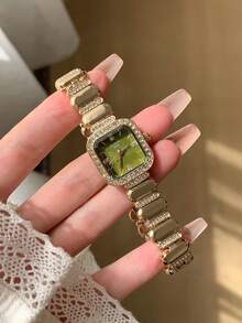 1pc Gold Square Women's Quartz Watch, Green Dial, Rhinestone Bezel, Folding Clasp Strap, Suitable For Daily Wear - Gold - View 2