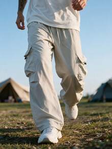 Men's Elastic Drawstring Multi-Pocket Cargo Casual Pants - Light Grey - View 6