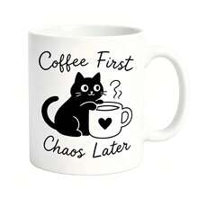 1pc 11oz Cute Black Cat Coffee Mug, "Coffee First Chaos Later" Funny Quote Ceramic Tea Cup, Reusable Daily Drinkware, Ideal Birthday, Christmas, Thanksgiving, Holiday Present For Cat Lovers, Home Office Desktop Drinking Cup - Multicolor - View 12
