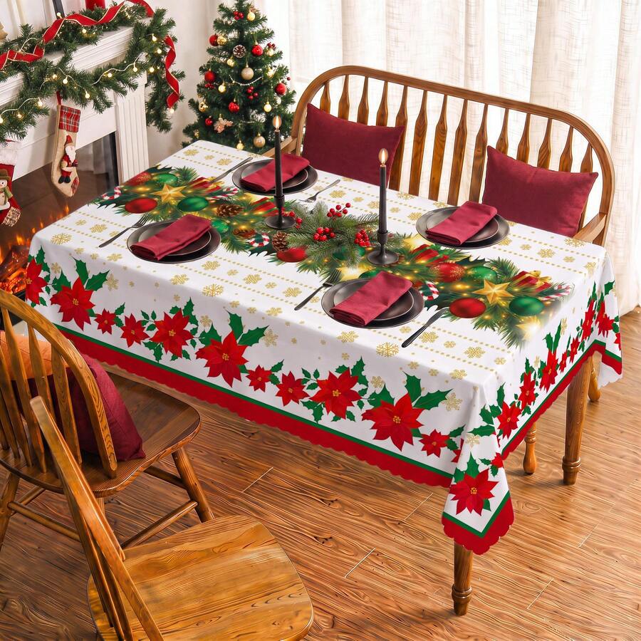 1pc Christmas Holly Leaf Poinsettia Snowflake Print Rectangular Tablecloth, Suitable For Holiday, Party, Birthday, Dinner, Restaurant Table Decor, Christmas Home Autumn/Winter Decoration - Multicolor - View 1