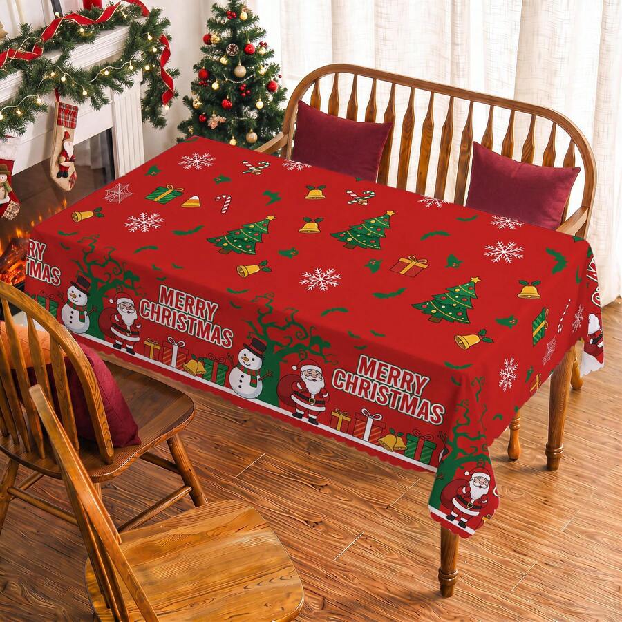 1pc Santa Claus Snowman Snowflake Print Rectangular Tablecloth, Suitable For Holiday, Party, Birthday, Dinner, Restaurant Table Decor, Christmas Home Autumn/Winter Decoration - Multicolor - View 1