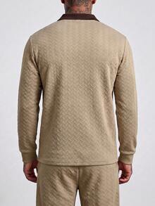 Men's New Fashionable Textured Herringbone Wheat Jacquard Long Sleeve Polo Sweatshirt, Minimalist Elegant Daily Wear - Khaki - View 2