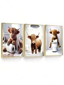 1/3pcs Scottish Highland Cow Funny Bathroom Print Canvas Poster, Farm Animal Humor, Fantasy Gift For Highland Cow Lovers, Wall Canvas Art, Animal Art, Frame Not Included - 1 - View 6
