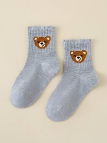 5 Pairs Girls Cartoon Bear Socks, Wavy Ruffle Cuff Mid-Calf Socks, Soft Knitted Neutral Multi-Color Socks, Casual Daily School Socks - Multicolor - View 12