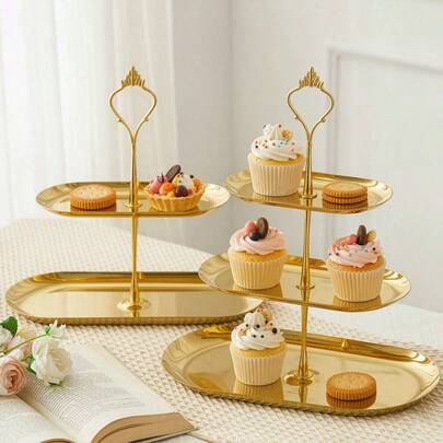 1 pieza Soporte para cupcakes de doble/triple capa de acero inoxidable, soporte para postres, plato para postres de acero inoxidable dorado, estante de exhibición de pasteles de varios niveles para fiestas y restaurantes, soporte para cupcakes, reutilizable, adecuado para Navidad, boda, cumpleaños, baby shower, decoración de té de la tarde.