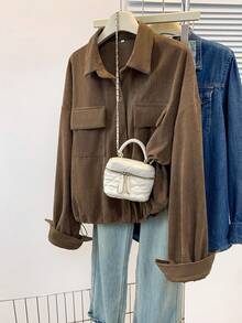 Women's Corduroy Jacket, Elegant Lapel, Casual Button Front, Solid Color, Machine Washable, Suitable For Spring And Autumn - Coffee - View 6