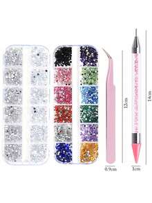 2 Pieces Pink Nail Art Dotting Pen Tweezer Rhinestone Acrylic Flatback Drill Long Box Decoration Manicure Tool Nail Set - Pink - View 2