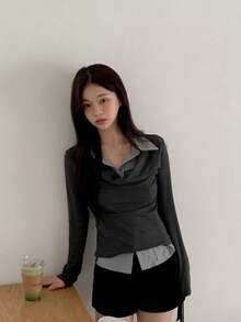Kaos Lengan Panjang Patchwork Bergaris 2 in 1 Kasual Musim Semi/Gugur - Dark Grey - View 1