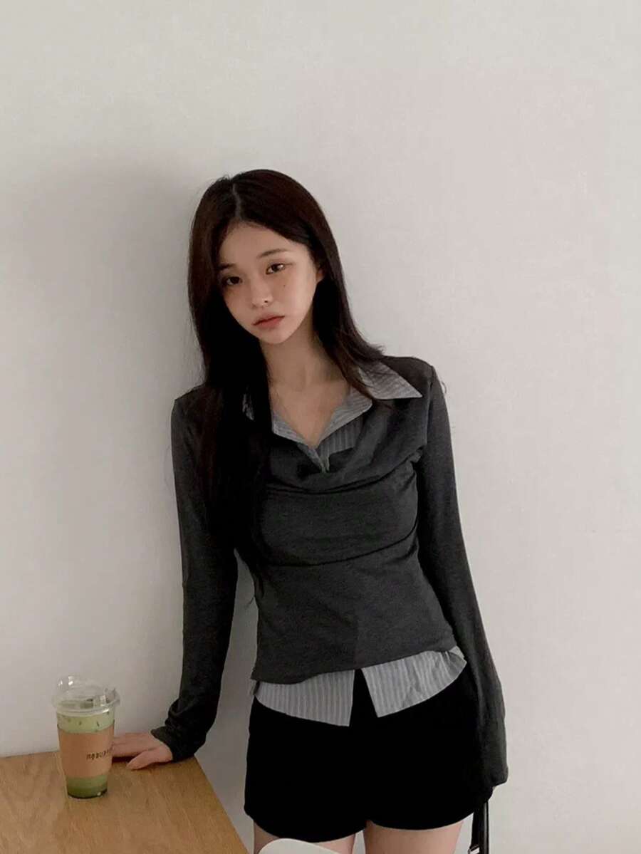 Kaos Lengan Panjang Patchwork Bergaris 2 in 1 Kasual Musim Semi/Gugur - Dark Grey - View 1