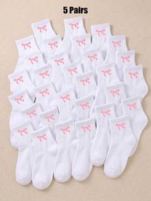 5/10/20 Pairs Baby Toddler White Crew Socks Pack, Sweet Pink Ribbon Bow Rib Knit Socks For Kids Halloween, Suitable For School Uniform Outdoor Wear - Multicolor - View 10
