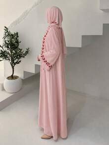 Hafizah Fashion Street Chiffon Long Embroidered Pink Round Neck Dress With Headscarf - Pink - View 2