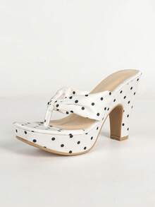 Polka Dot Toe-Post Thick Sole Chunky Heel Sandals Women Retro Square Toe Waterproof Platform High Heel Mule Slippers Outdoor Party Shoes - Multicolor - View 5