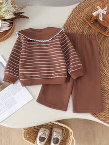 2pcs Baby Girl Casual Retro Striped 3D Knit Flower Decor Peter Pan Collar Long Sleeve Sweatshirt & Matching Straight Leg Pants Set, Spring/Autumn - Mocha Brown - View 2