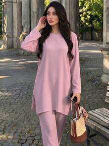 Setelan Dua Potong Wanita Lengan Panjang Polos, Kerah Bulat, Belahan Samping, Tunik, dan Celana Panjang Lebar, Pakaian Kasual Longgar yang Serasi - MultiWarna - View 18