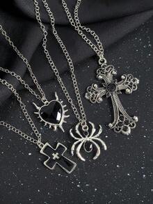 4pcs Cool Gothic Style Alloy Oil Drop Cross Spider Heart Pendant Necklace Suitable For Women Street Party Wear - Multicolor - View 6