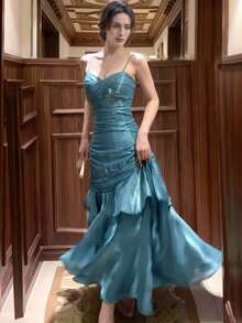 Elegant Pearl Ruffle Hem Formal Evening Dress, Fitted Bridesmaid, Back To School, Cocktail Party, Summer Outfit Wedding Spring Fall - Blue - View 1