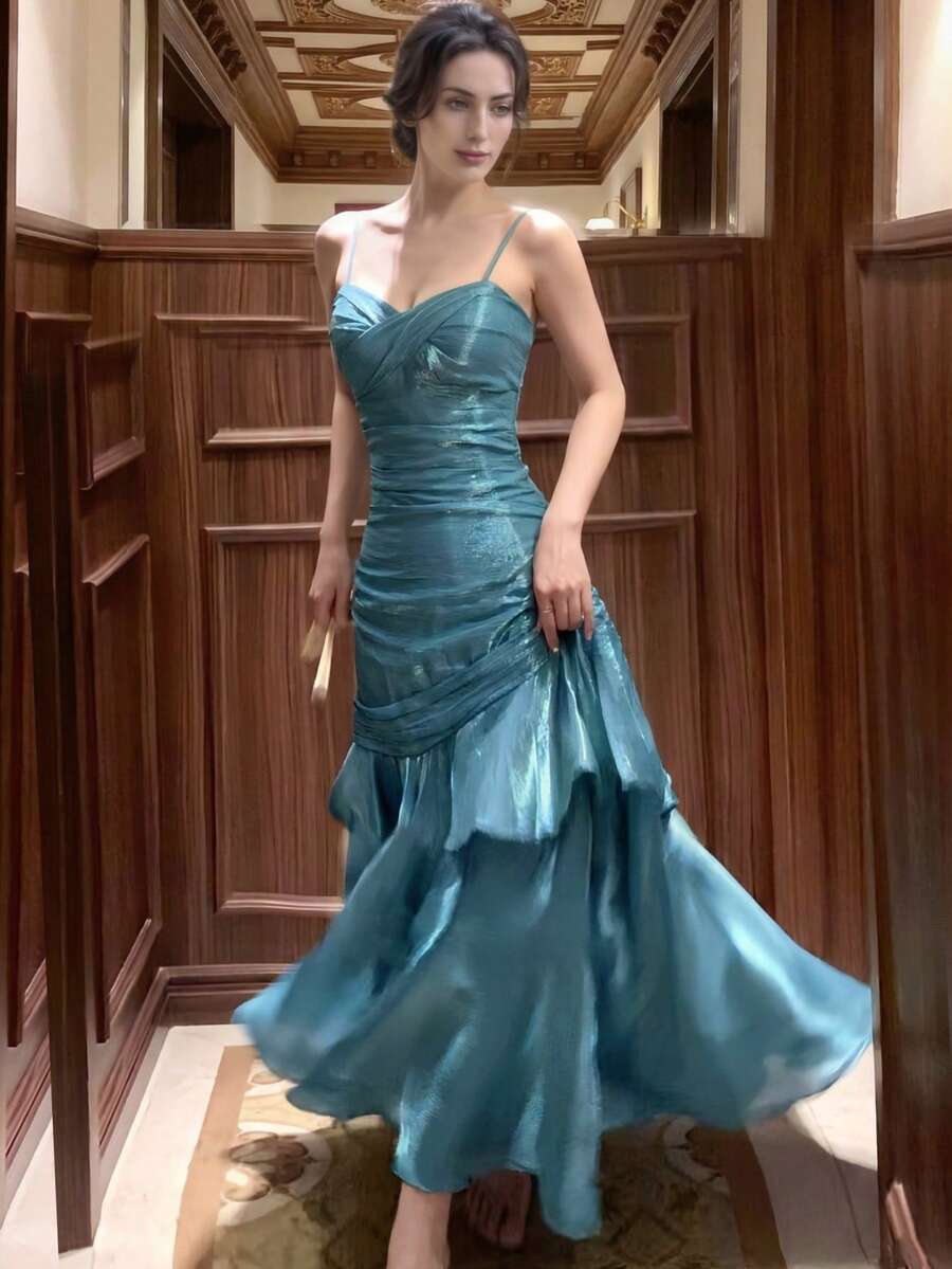 Elegant Pearl Ruffle Hem Formal Evening Dress, Fitted Bridesmaid, Back To School, Cocktail Party, Summer Outfit Wedding Spring Fall - Blue - View 1