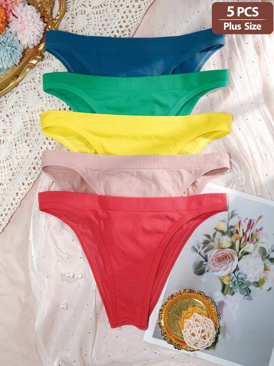 5pcs/Pack Women Plus Size Sexy Panties, Basic Solid Color Comfortable Knit Low Waist Soft Thong Bikini Briefs, Suitable For All Seasons And Daily Wear - Multicolor - View 1